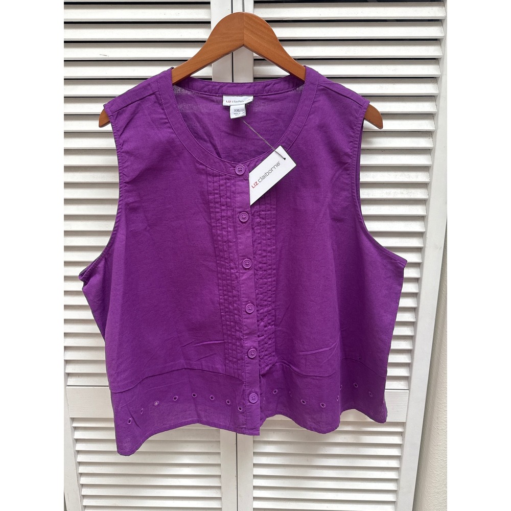 Liz Claiborne Womens XXL Cyber Purple Pintuck Eyelet Sleeveless Button Front Top